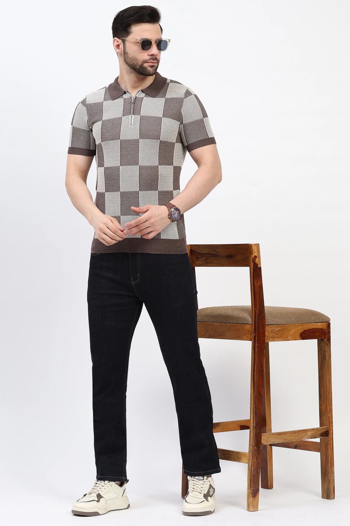 Brown & Beige Checked Knit Polo T-Shirt