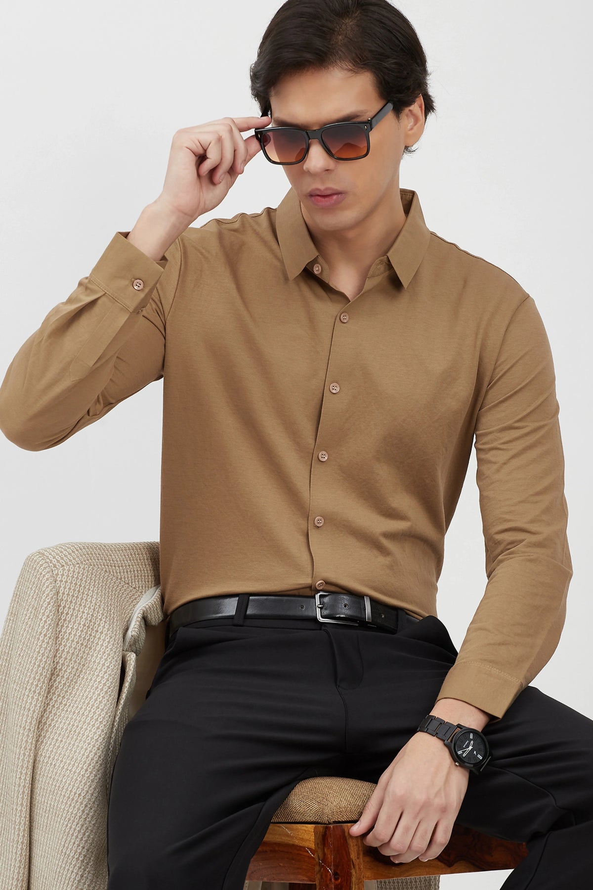 Khaki Cotton-Blend Shirt-Global Republic