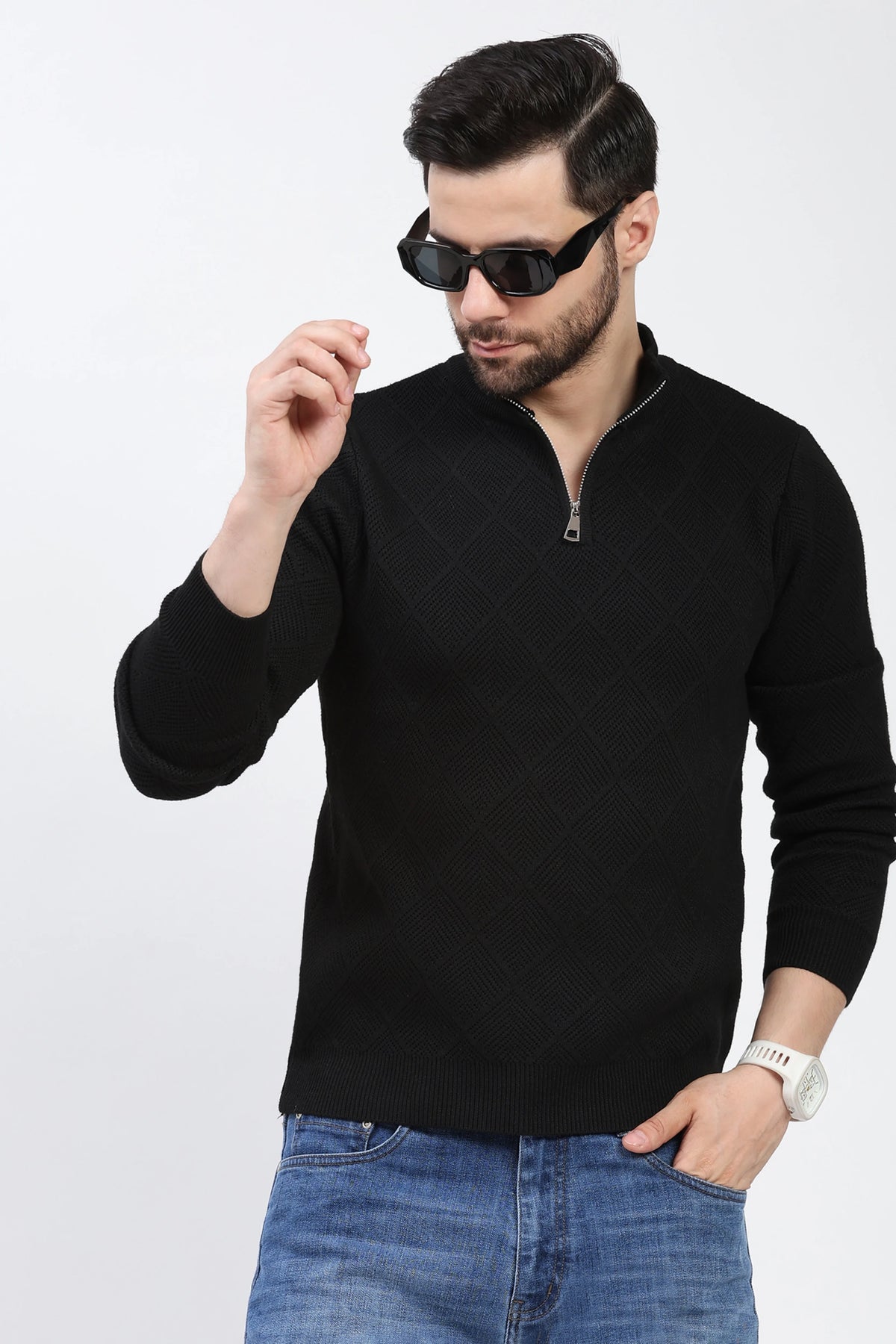 Black Self-Design High-Neck Pullover