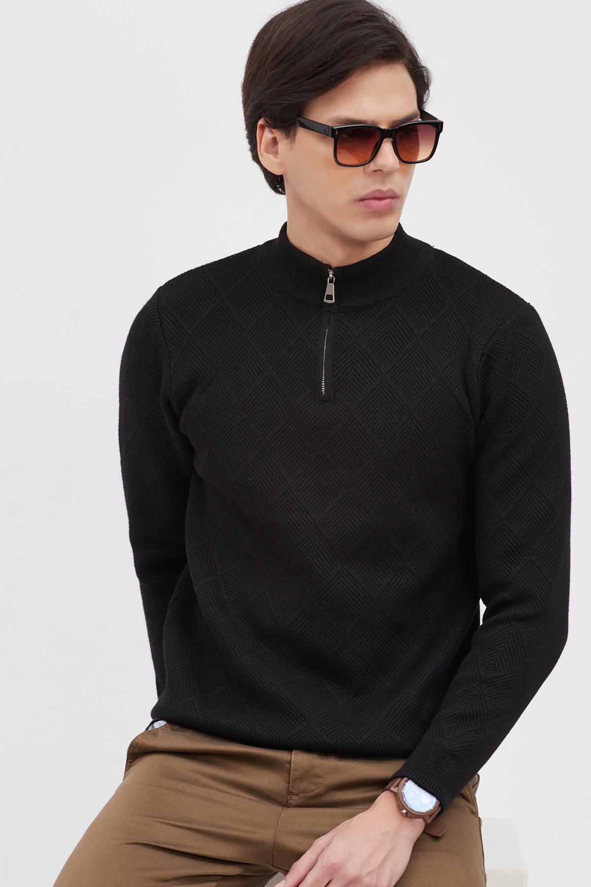 Black Self-Design High-Neck Pullover-Global Republic