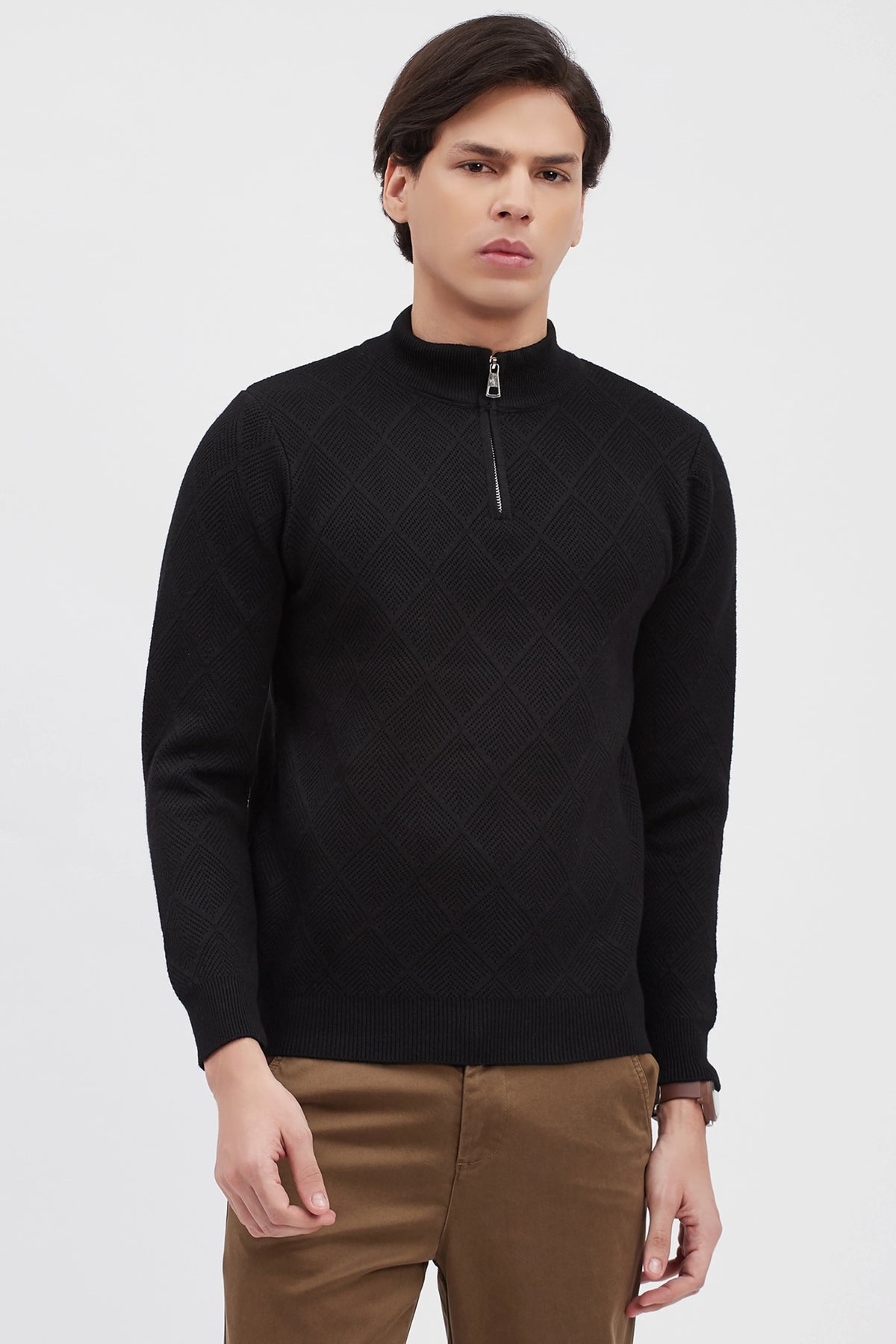 Black Self-Design High-Neck Pullover-Global Republic