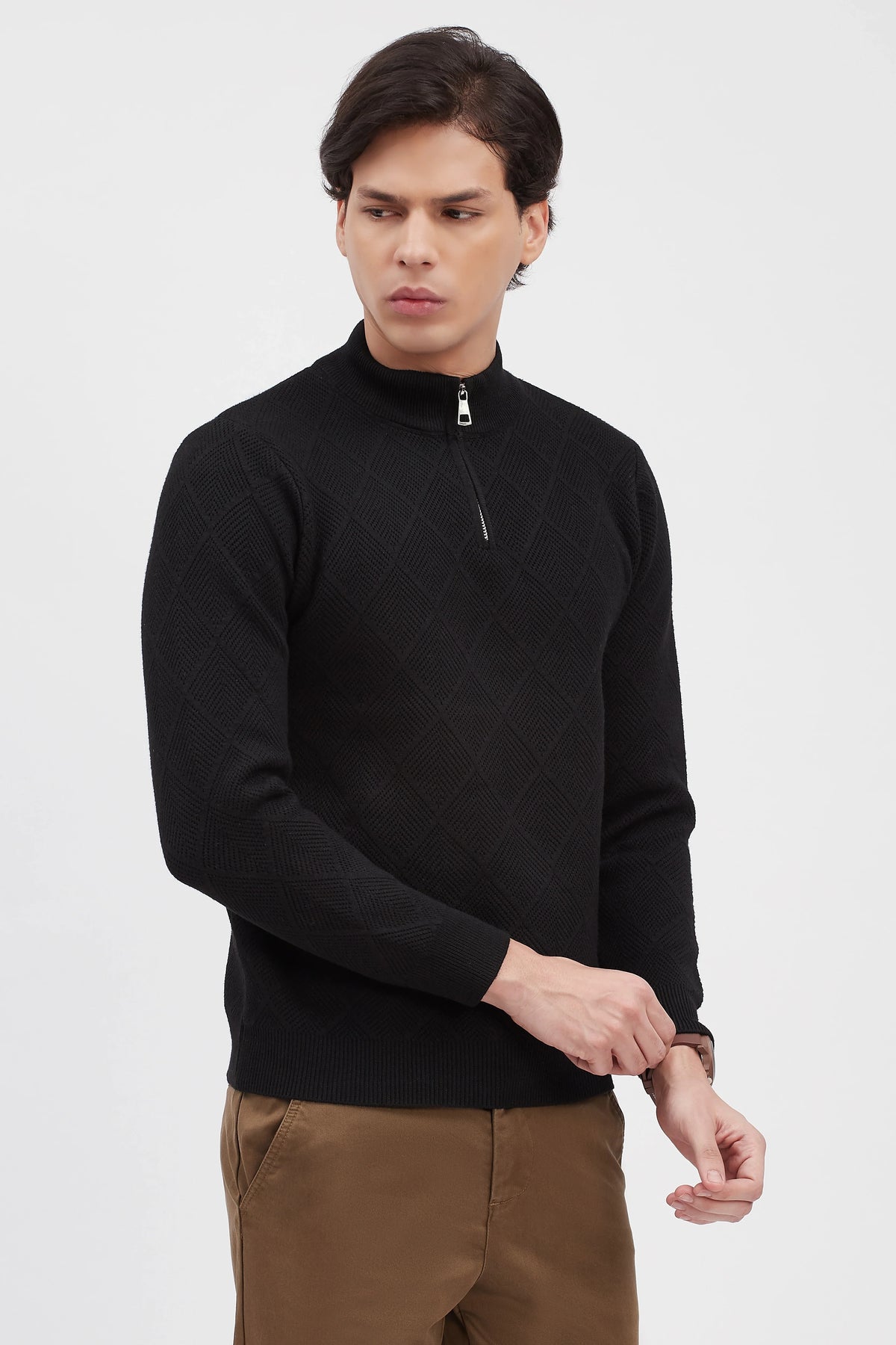 Black Self-Design High-Neck Pullover-Global Republic