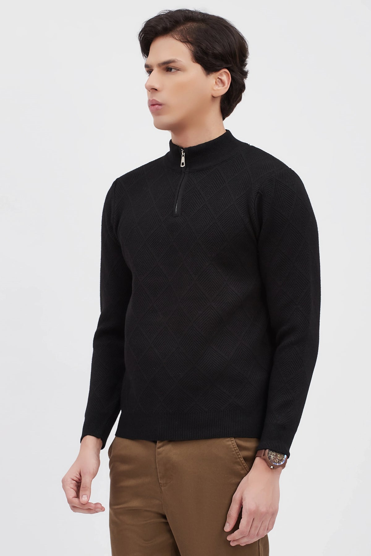 Black Self-Design High-Neck Pullover-Global Republic