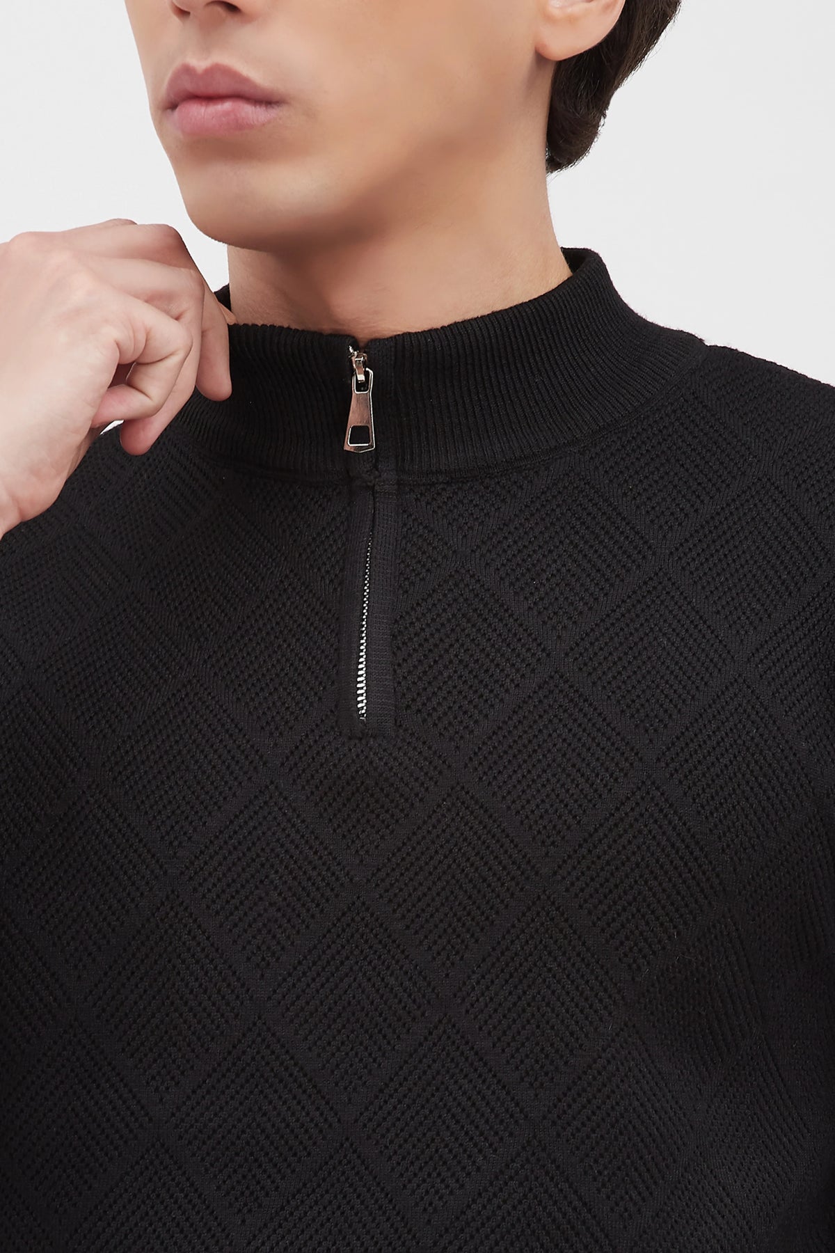 Black Self-Design High-Neck Pullover-Global Republic
