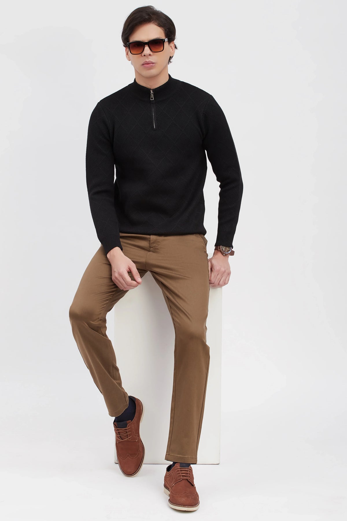 Black Self-Design High-Neck Pullover-Global Republic