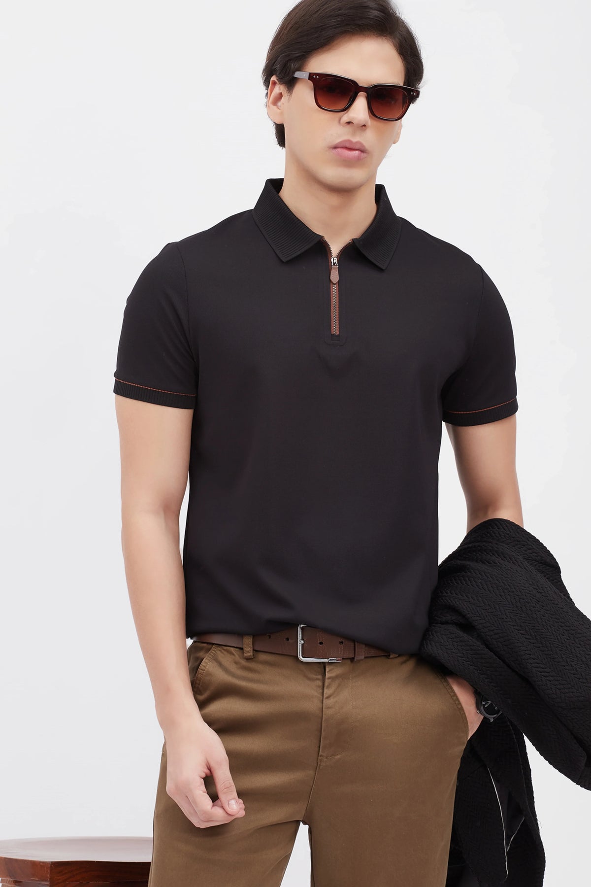 Black Textured Polo T-Shirt-Global Republic