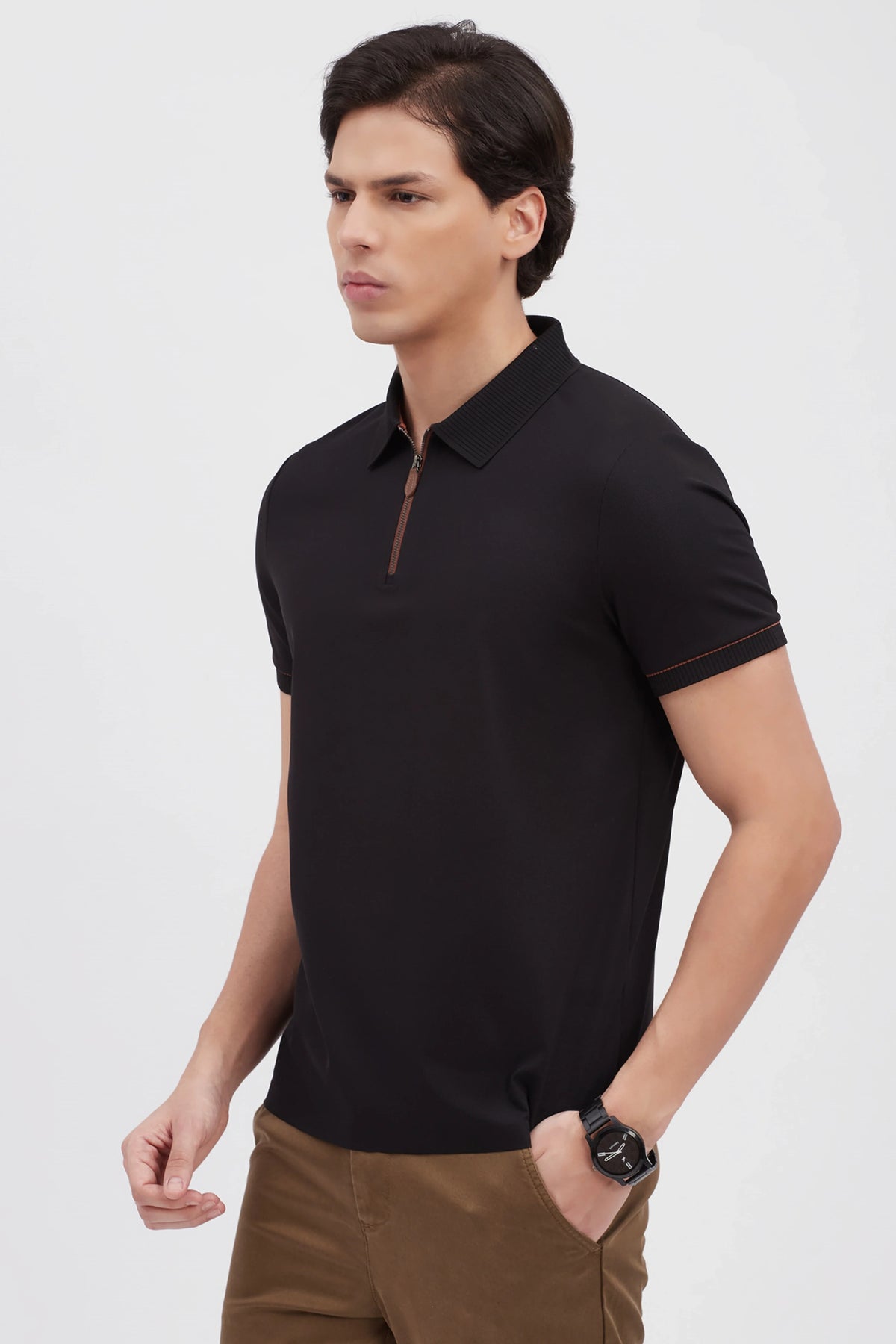 Black Textured Polo T-Shirt-Global Republic