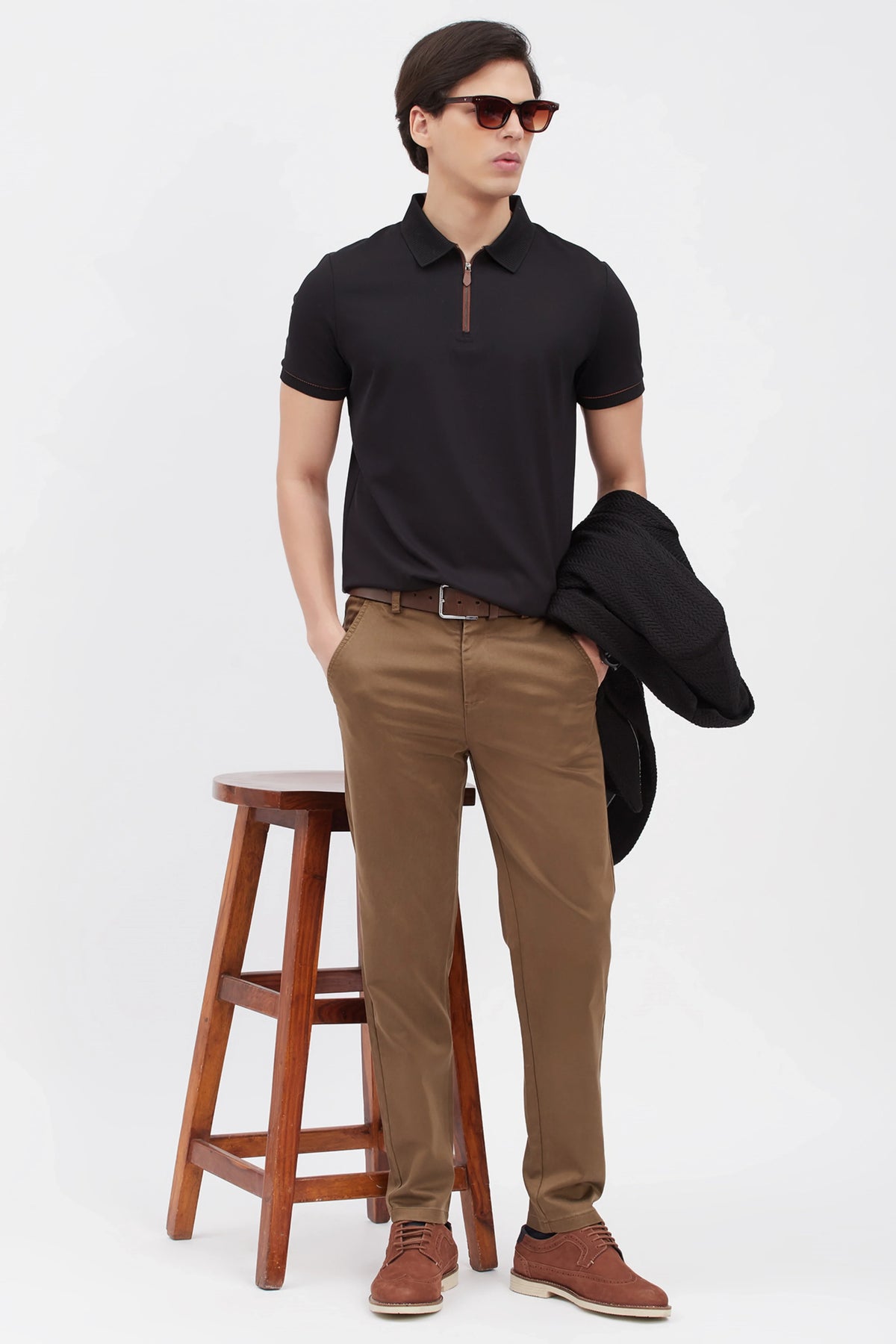 Black Textured Polo T-Shirt-Global Republic