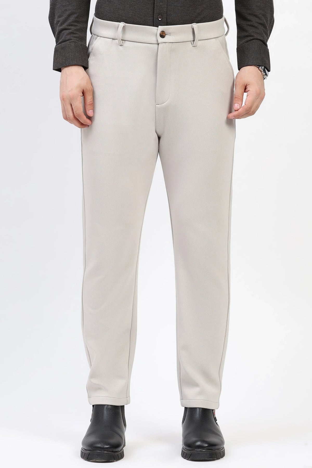 Light Grey Straight Fit Trousers-Global Republic