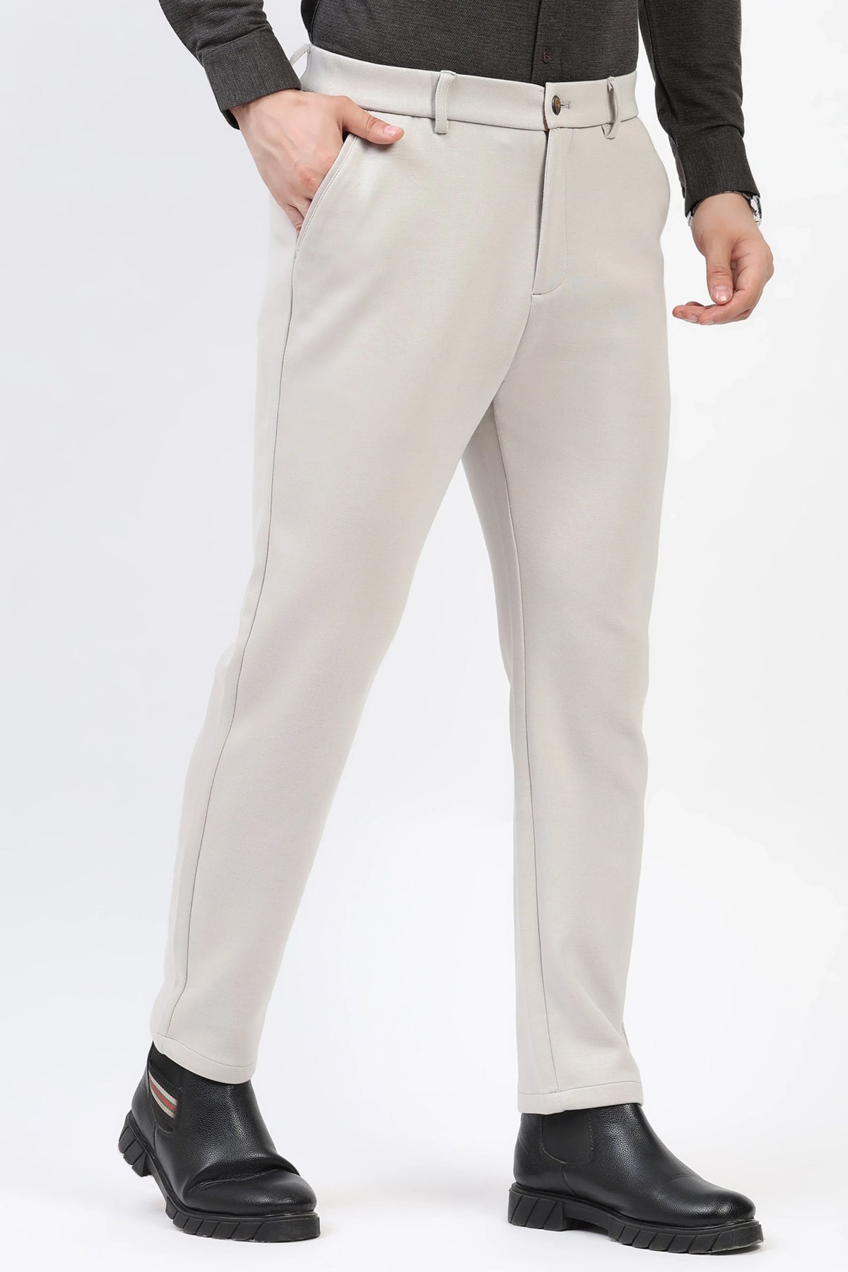 Light Grey Straight Fit Trousers-Global Republic