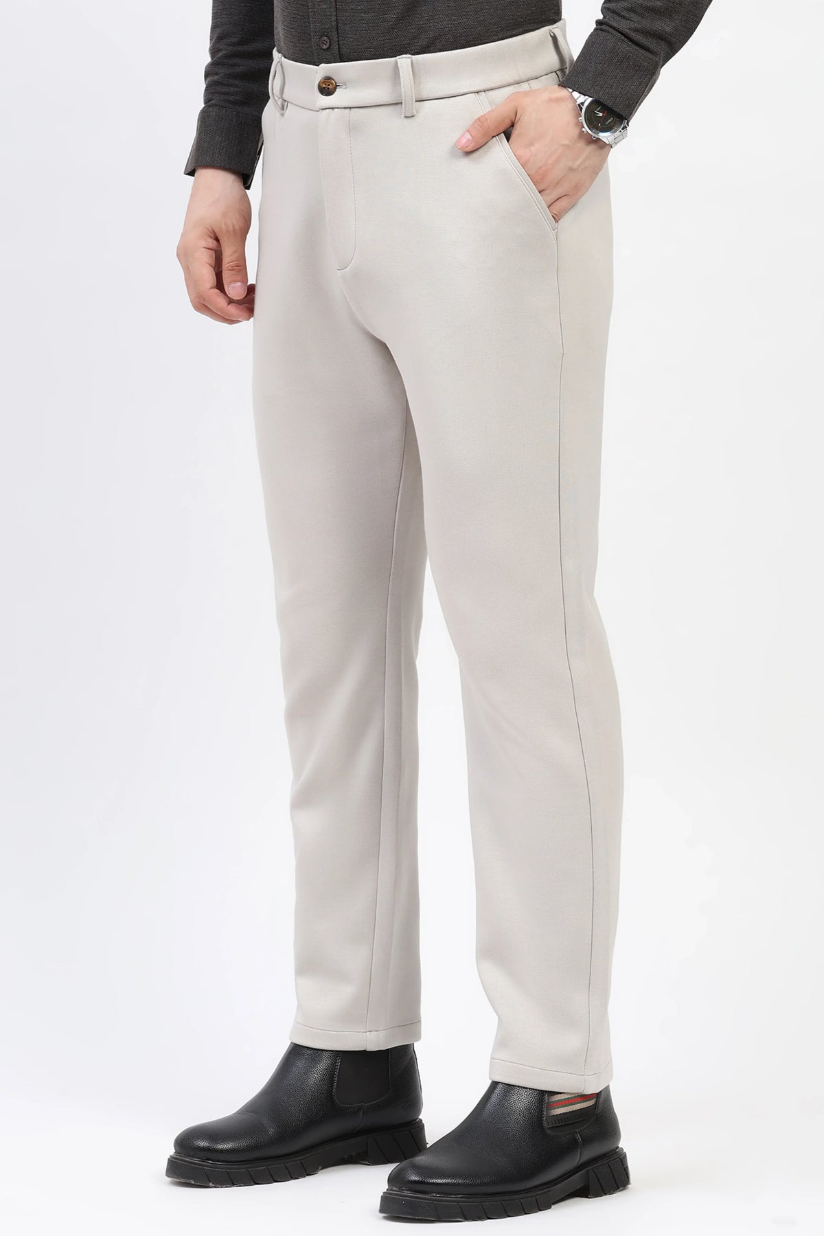Light Grey Straight Fit Trousers-Global Republic