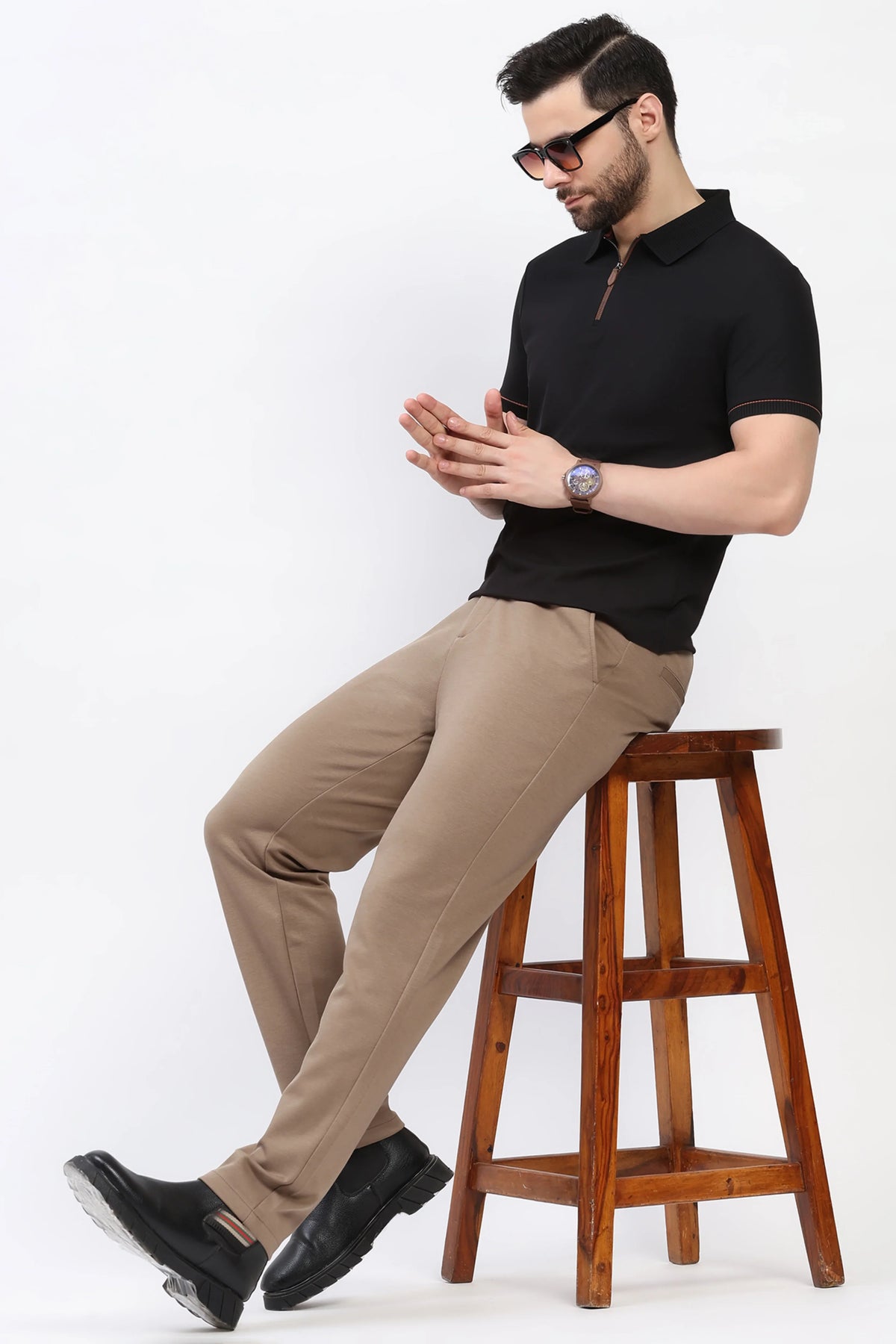 Khaki Straight Fit Trousers-Global Republic