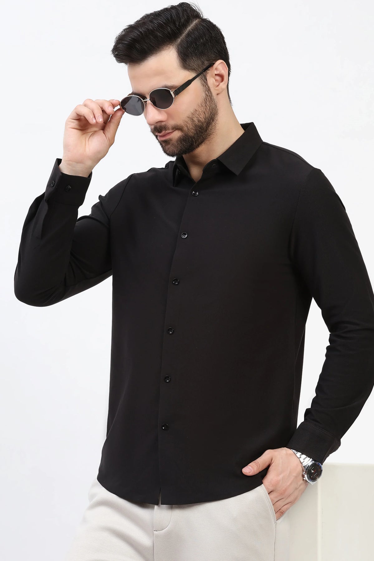 Black Self-Stripe Pre-Winter Shirt-Global Republic