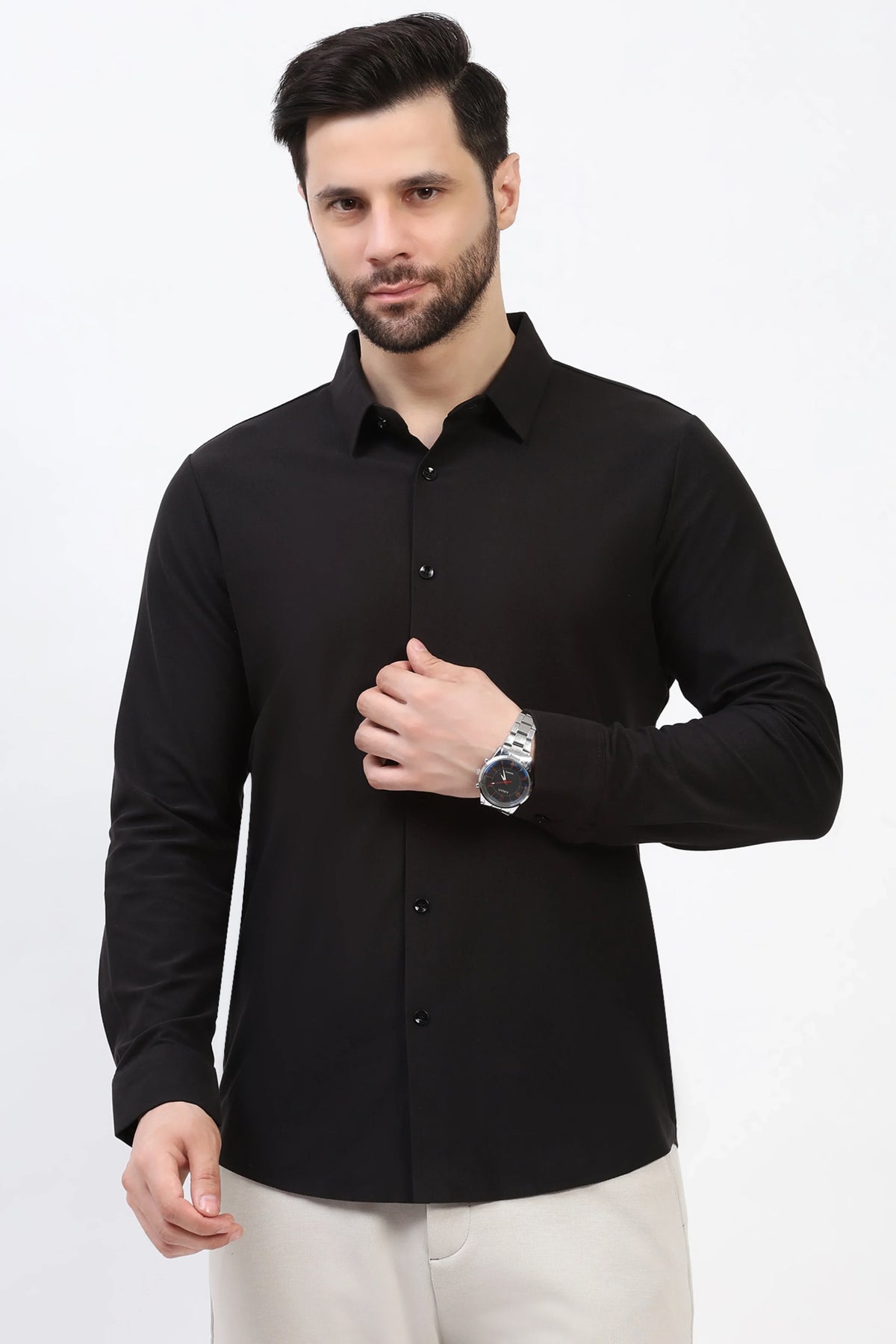 Black Self-Stripe Pre-Winter Shirt-Global Republic