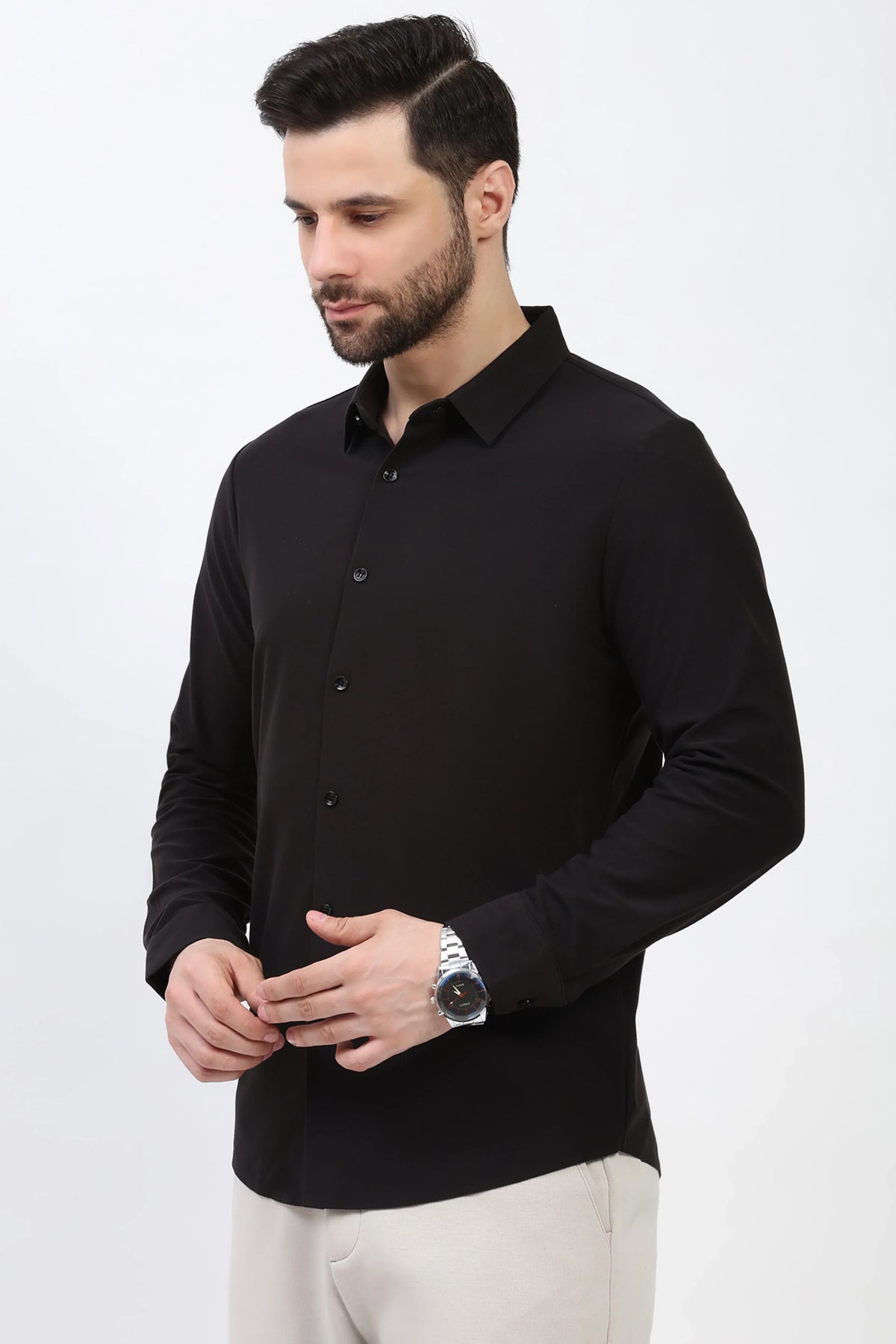 Black Self-Stripe Pre-Winter Shirt-Global Republic