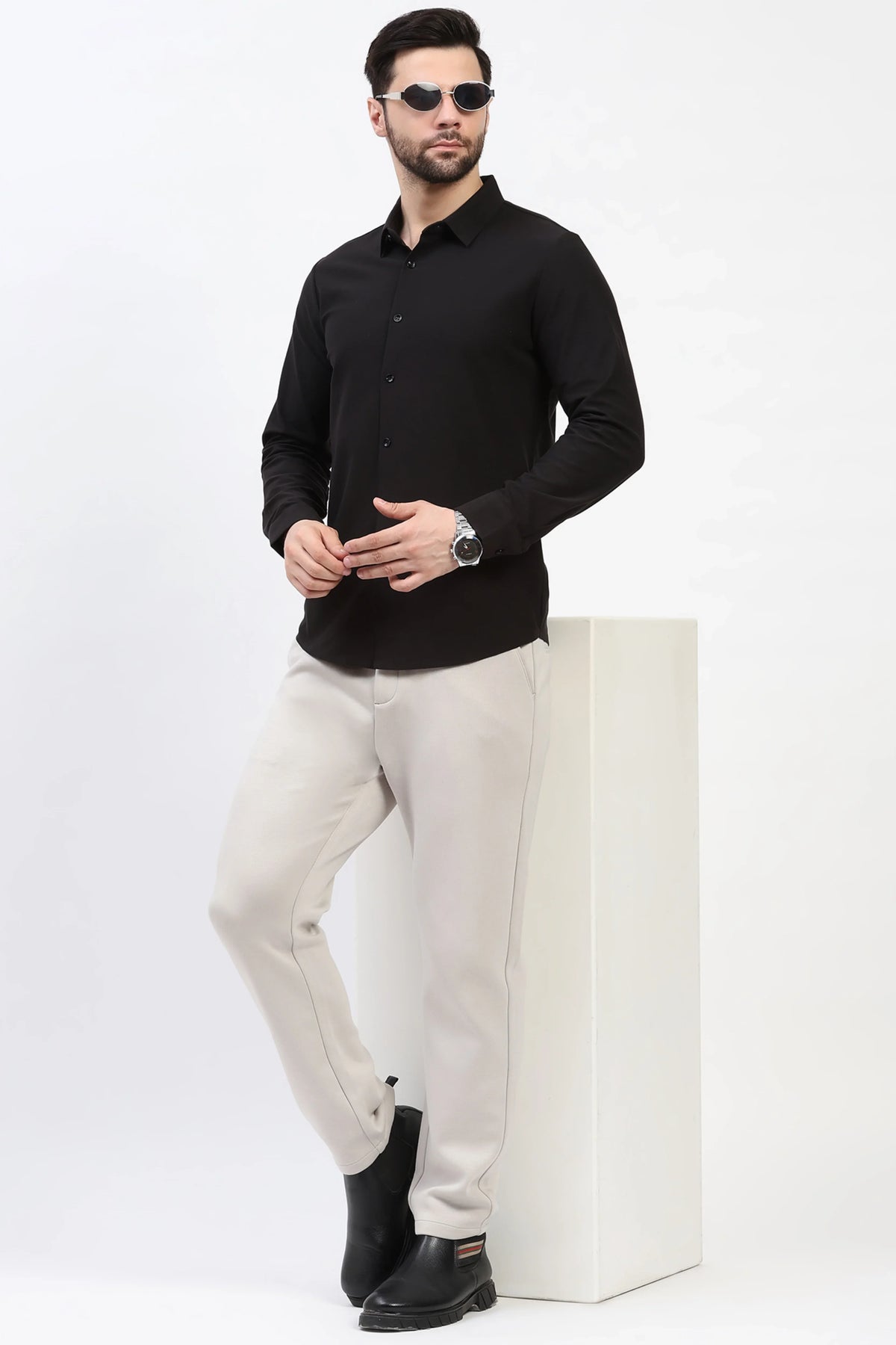 Black Self-Stripe Pre-Winter Shirt-Global Republic