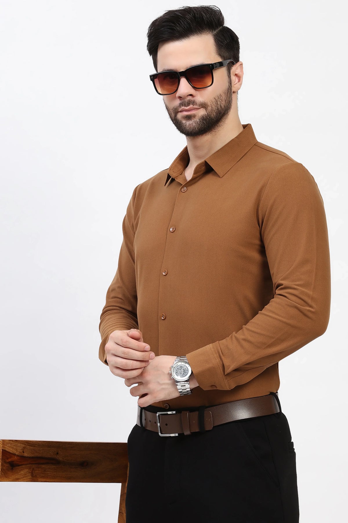 Tan Self-Stripe Winter Shirt-Global Republic