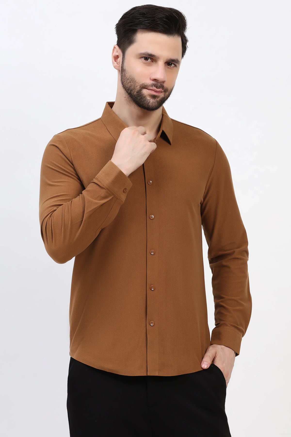 Tan Self-Stripe Winter Shirt-Global Republic