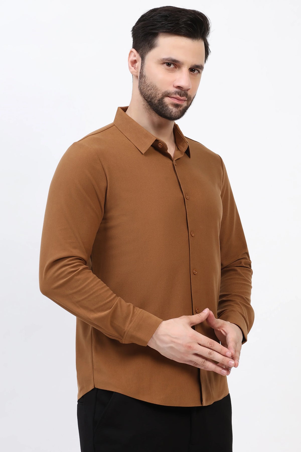 Tan Self-Stripe Winter Shirt-Global Republic