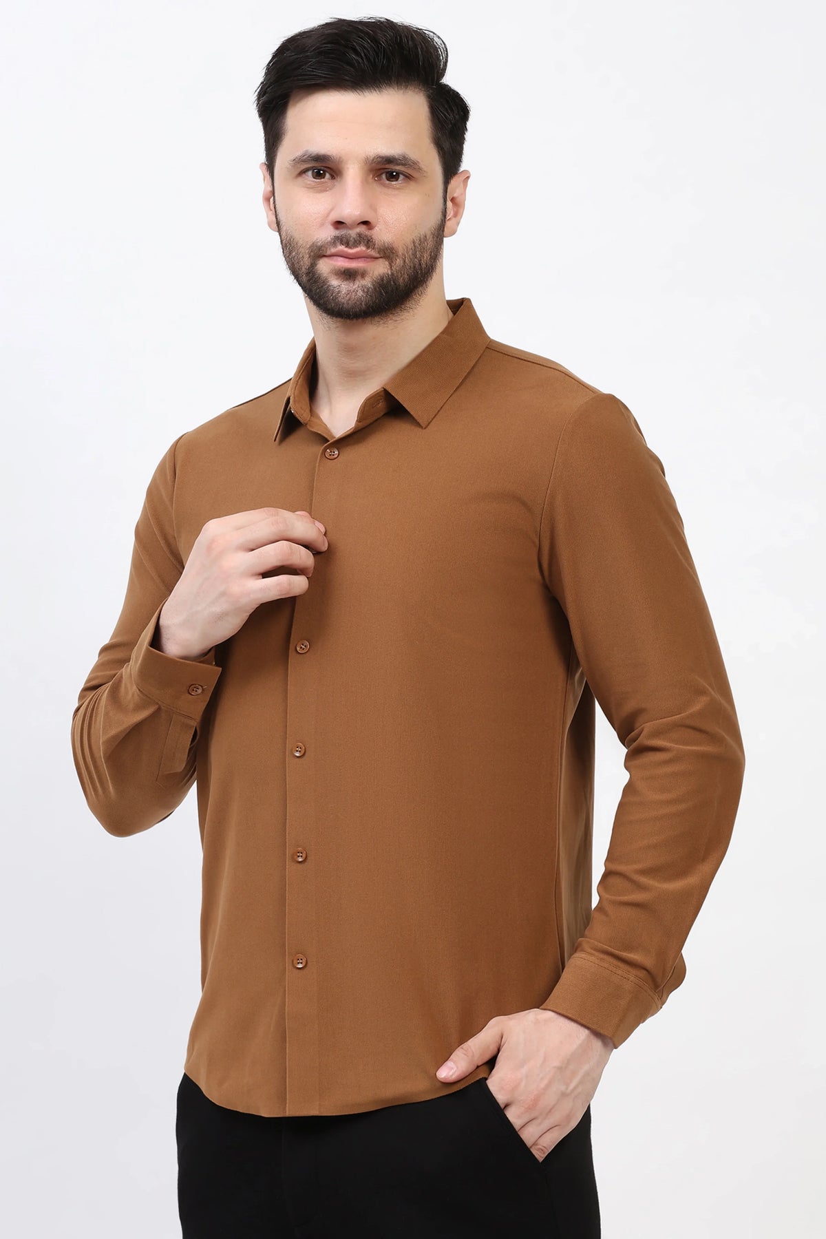Tan Self-Stripe Winter Shirt-Global Republic