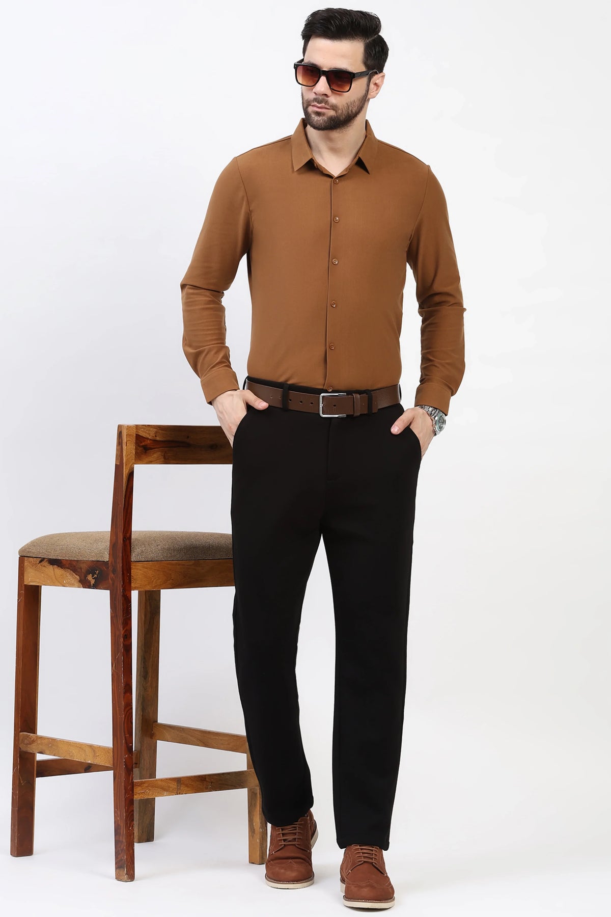 Tan Self-Stripe Winter Shirt-Global Republic