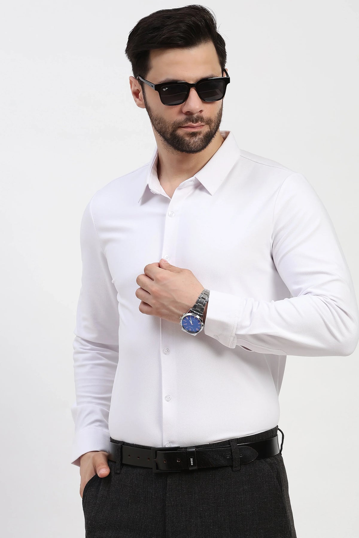 White Self-Stripe Winter Shirt-Global Republic