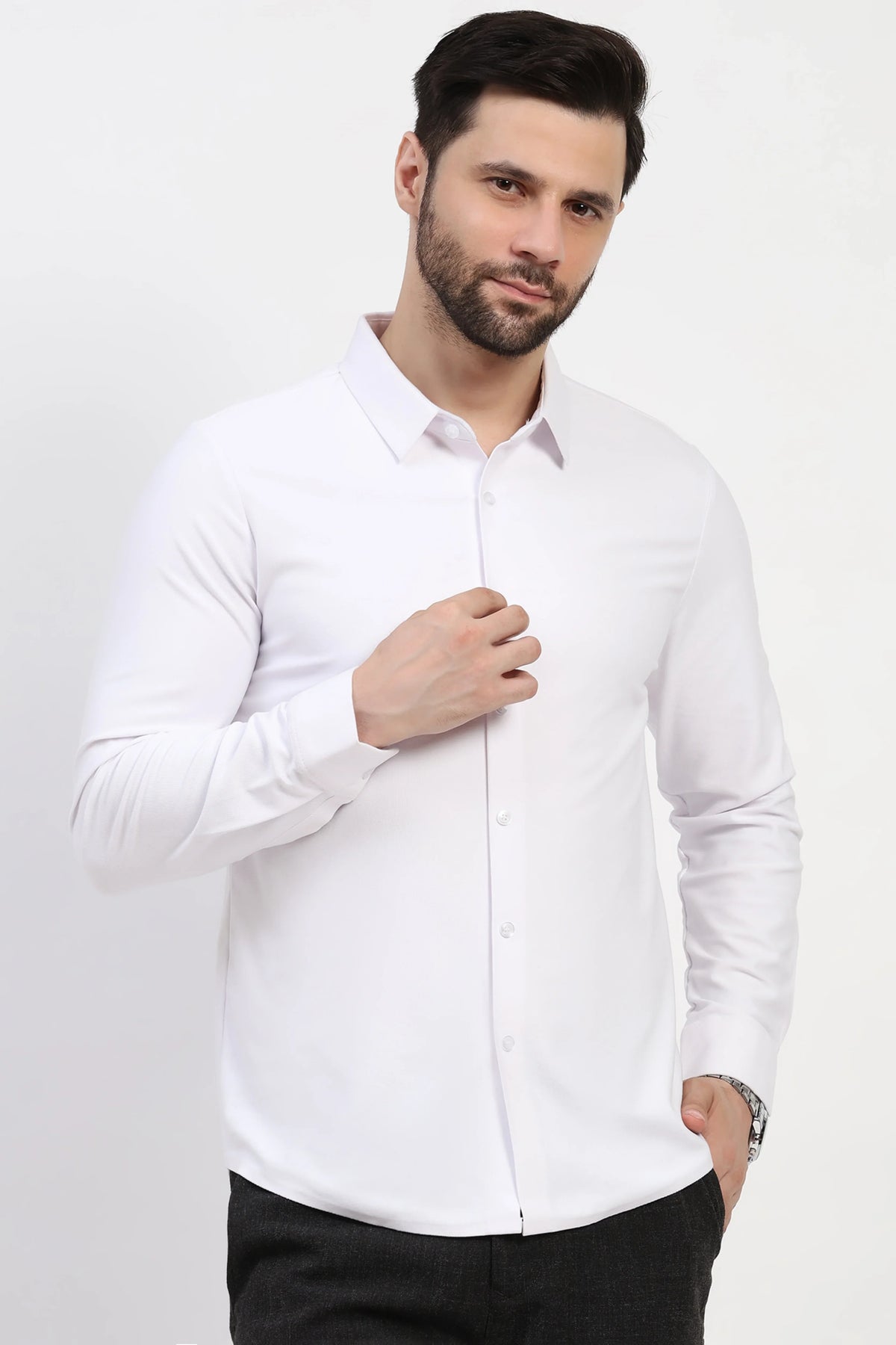 White Self-Stripe Winter Shirt-Global Republic