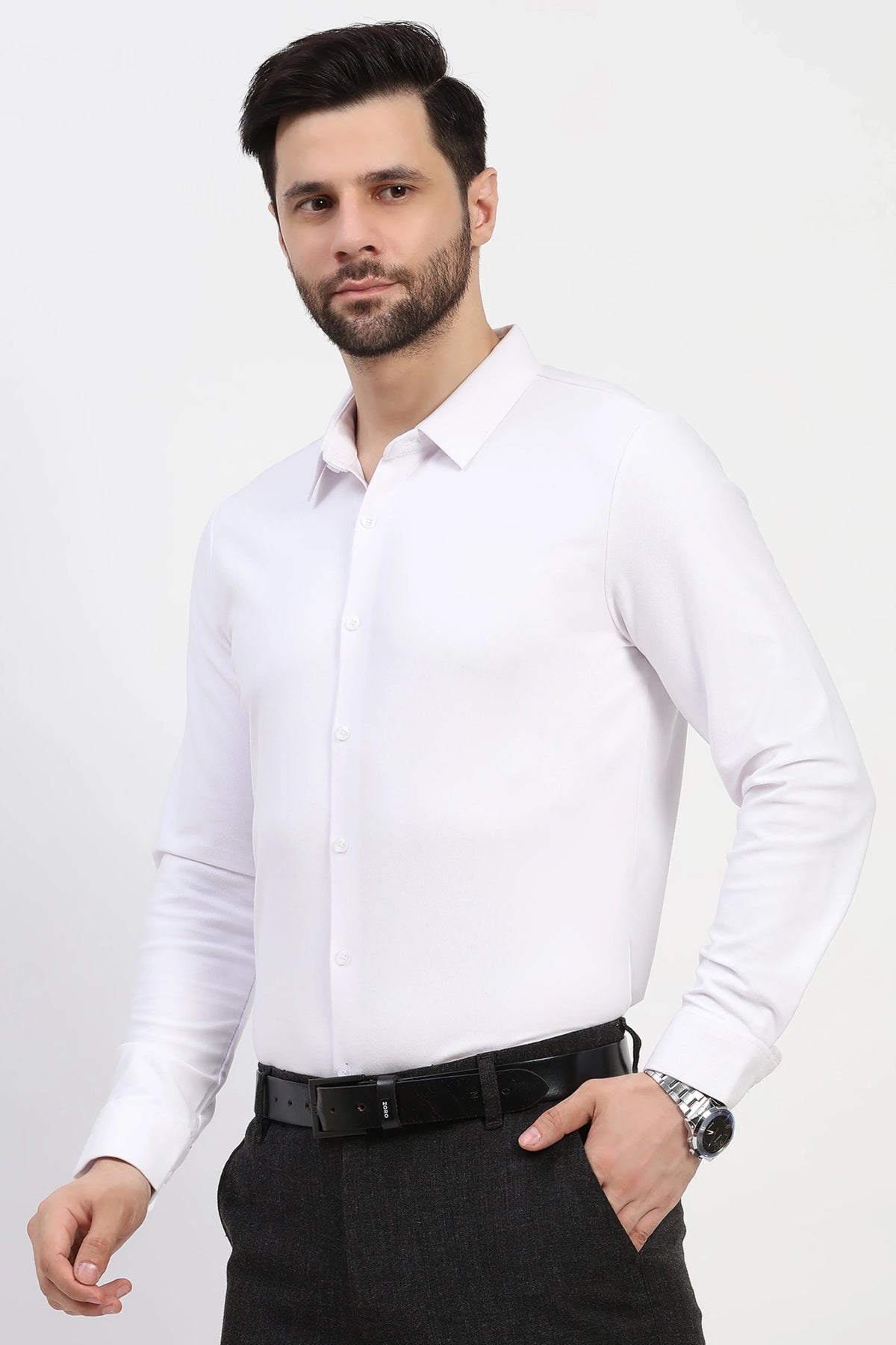White Self-Stripe Winter Shirt-Global Republic