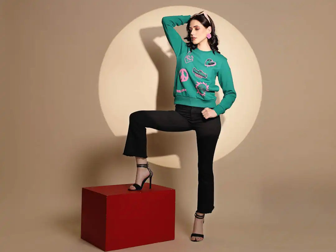 Green Printed Full Sleeve Round Neck Hosiery Sweatshirt