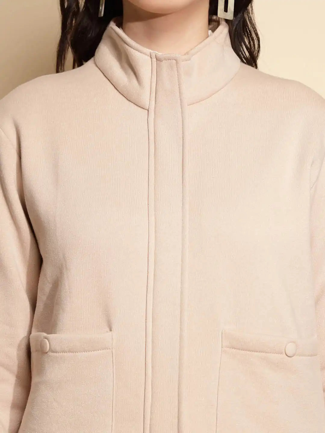 Beige Solid Full Sleeve Turtle Neck Acrylic Sweatshirt