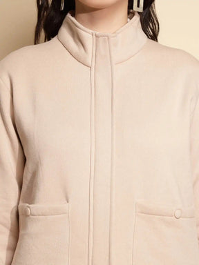 Beige Solid Full Sleeve Turtle Neck Acrylic Sweatshirt