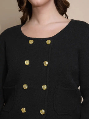 Women Black Solid Full Sleeve Round Neck Knitted Winter Pea Coat