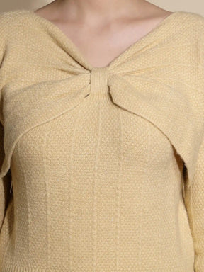 Beige Solid Full Sleeve V-Neck Knitted Pullover