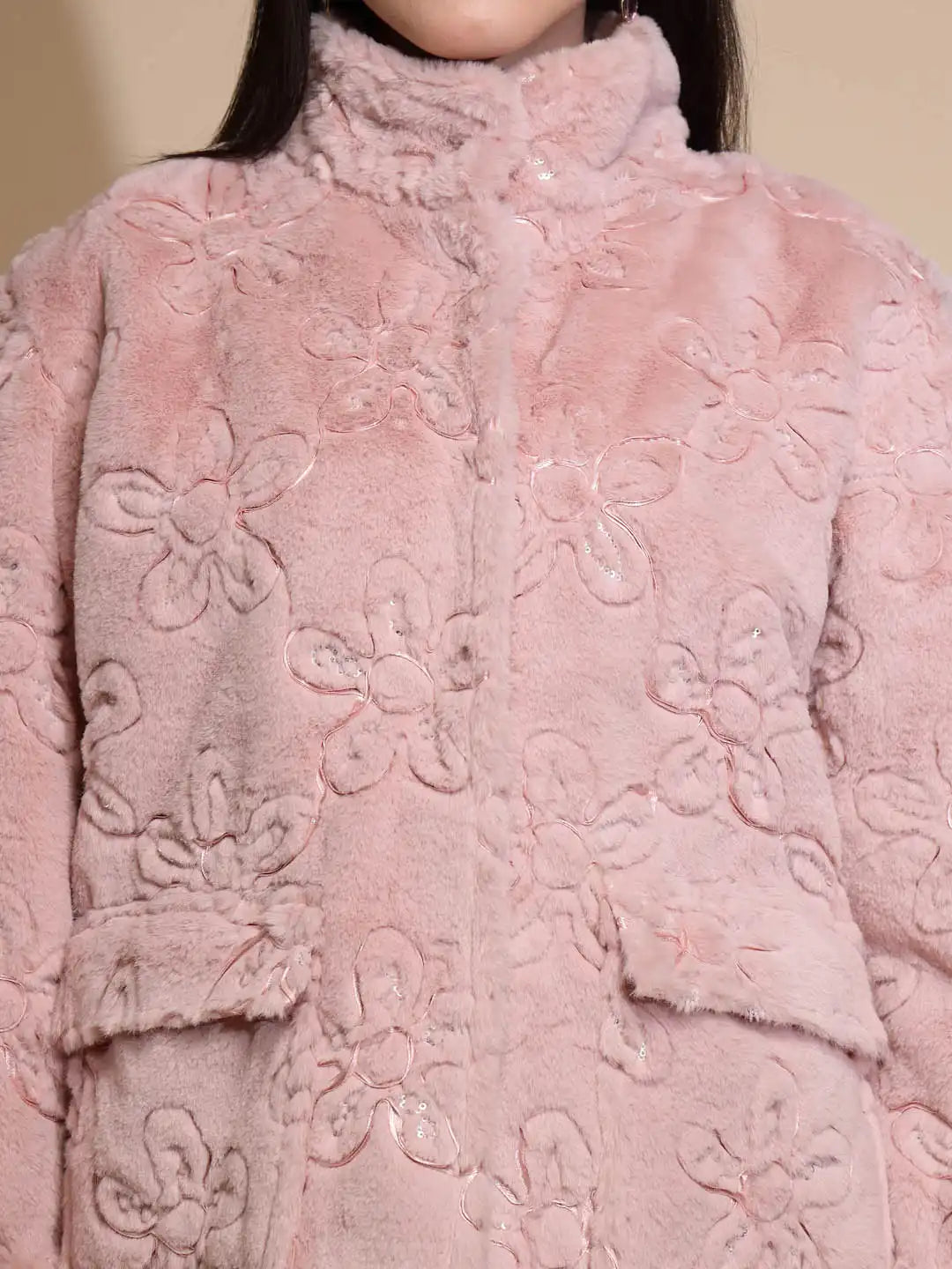 Dusty Pink Embroidered Full Sleeve Turtle Neck Woolen Jacket