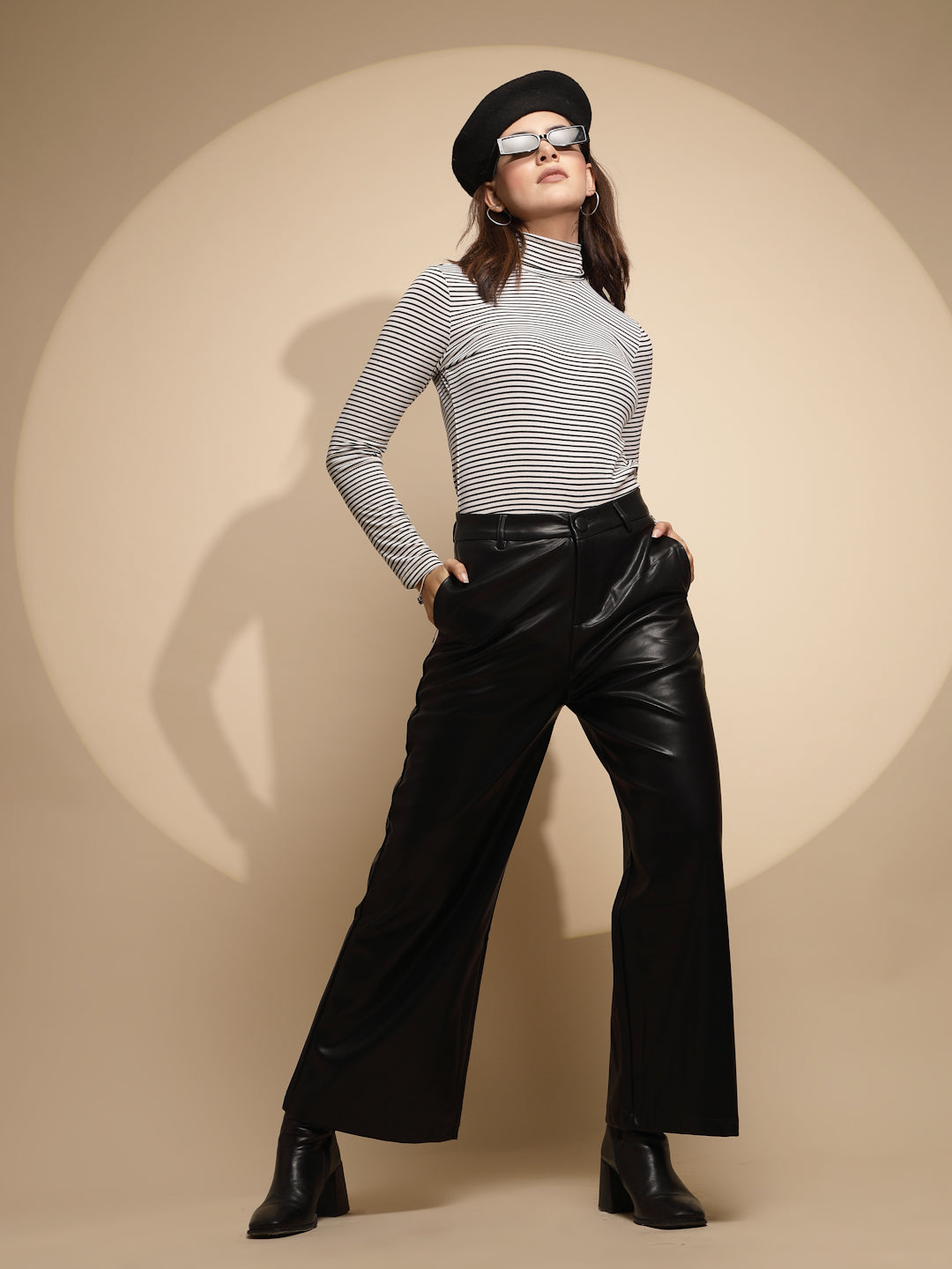 Women Black Solid Leather Mid Rise Wide Leg Trouser