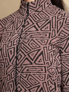 Dark Brown Geometric Print Full Sleeve Turtle Neck Acrylic Sweatshirt