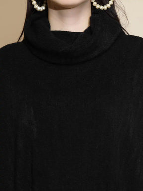 Black Solid Half Sleeve Cowl Neck Acrylic Poncho