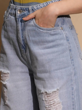 Regular Fit Denim Mid Rise Blue Distressed Jeans