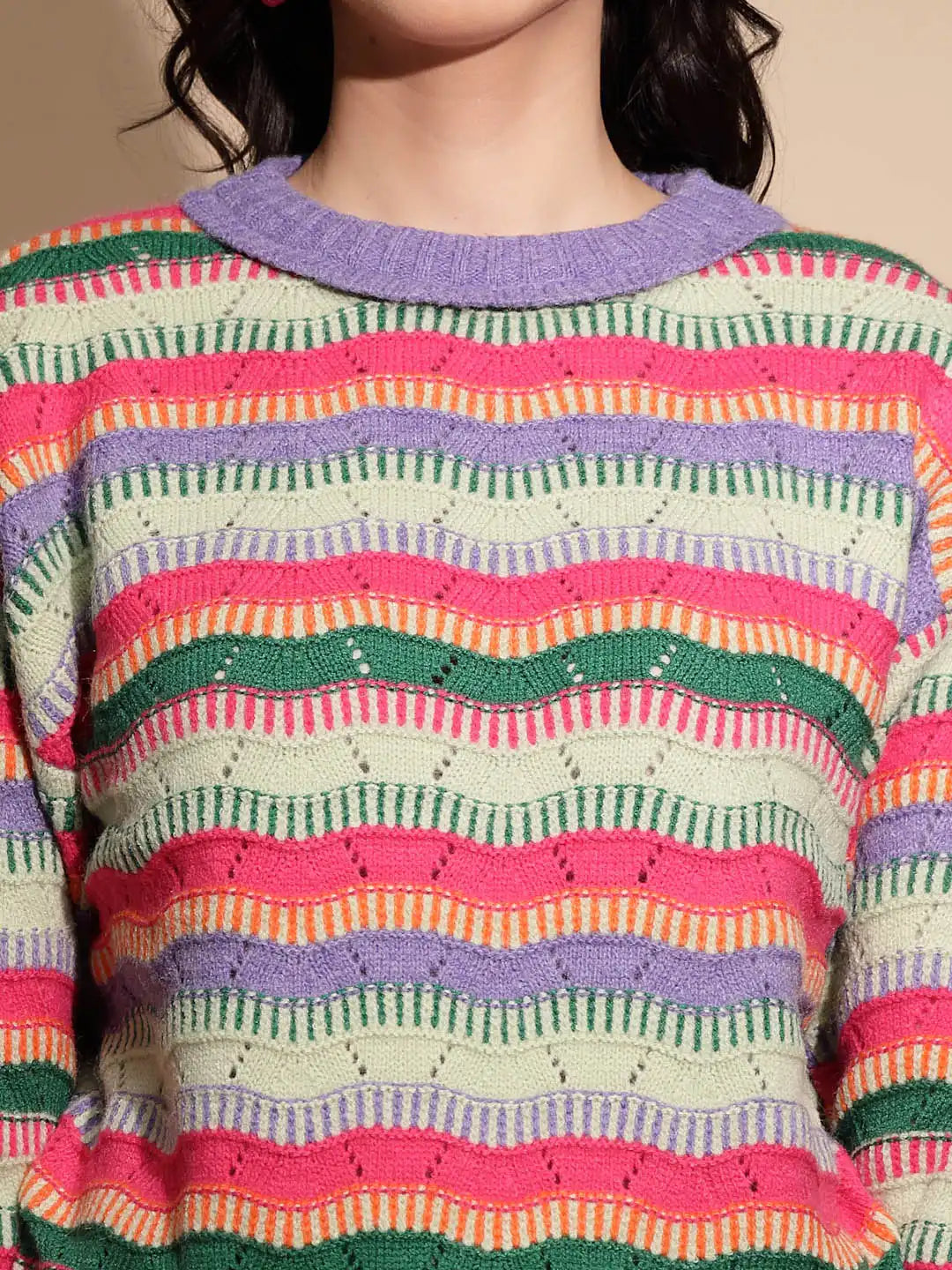 Multicolor Striped Full Sleeve Knitted Regular Fit Pullover