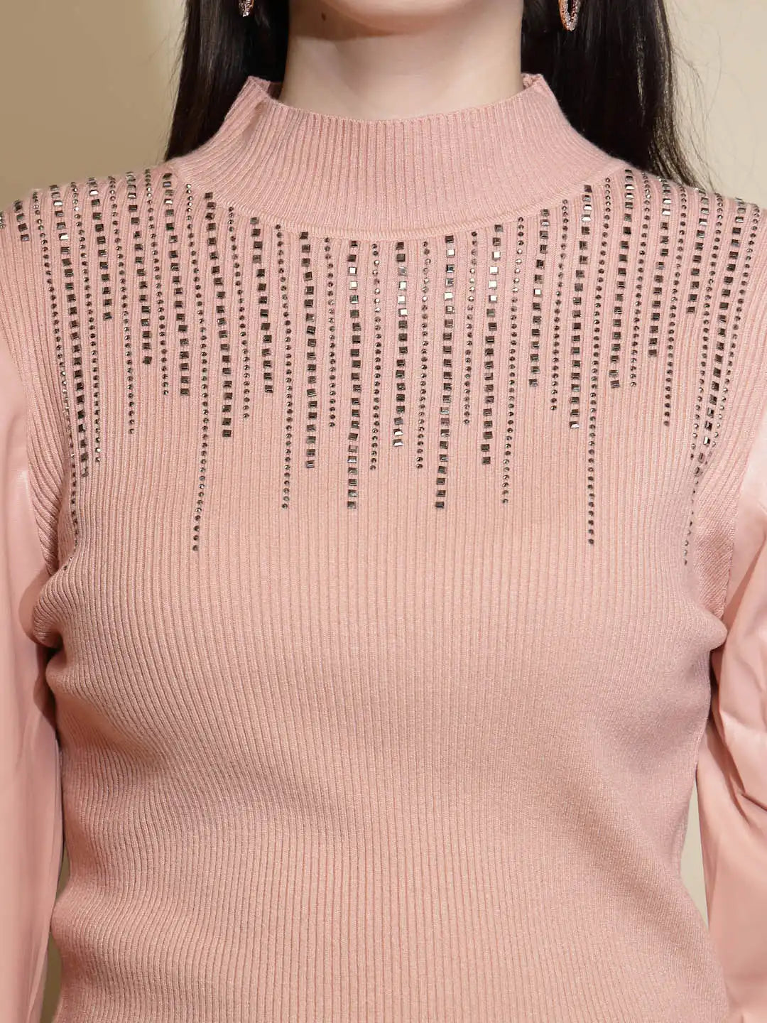 Pink Embellished Full Sleeve Turtle Neck Pullover Sweater