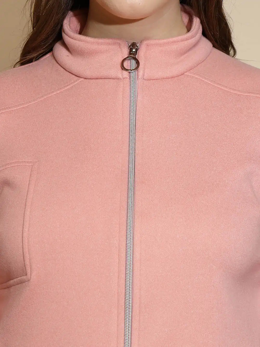 Peach Solid Full Sleeve Turtle Neck Fleece Sweatshirt