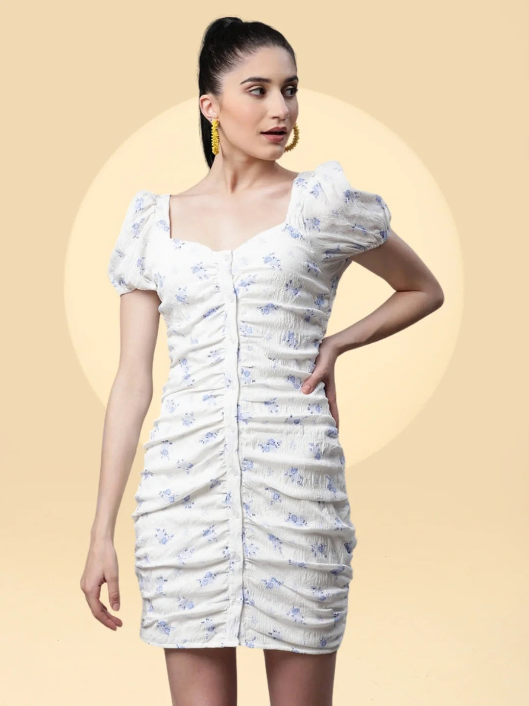 White Floral Ruched Bodycon Dress