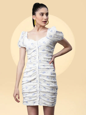 White Floral Ruched Bodycon Dress