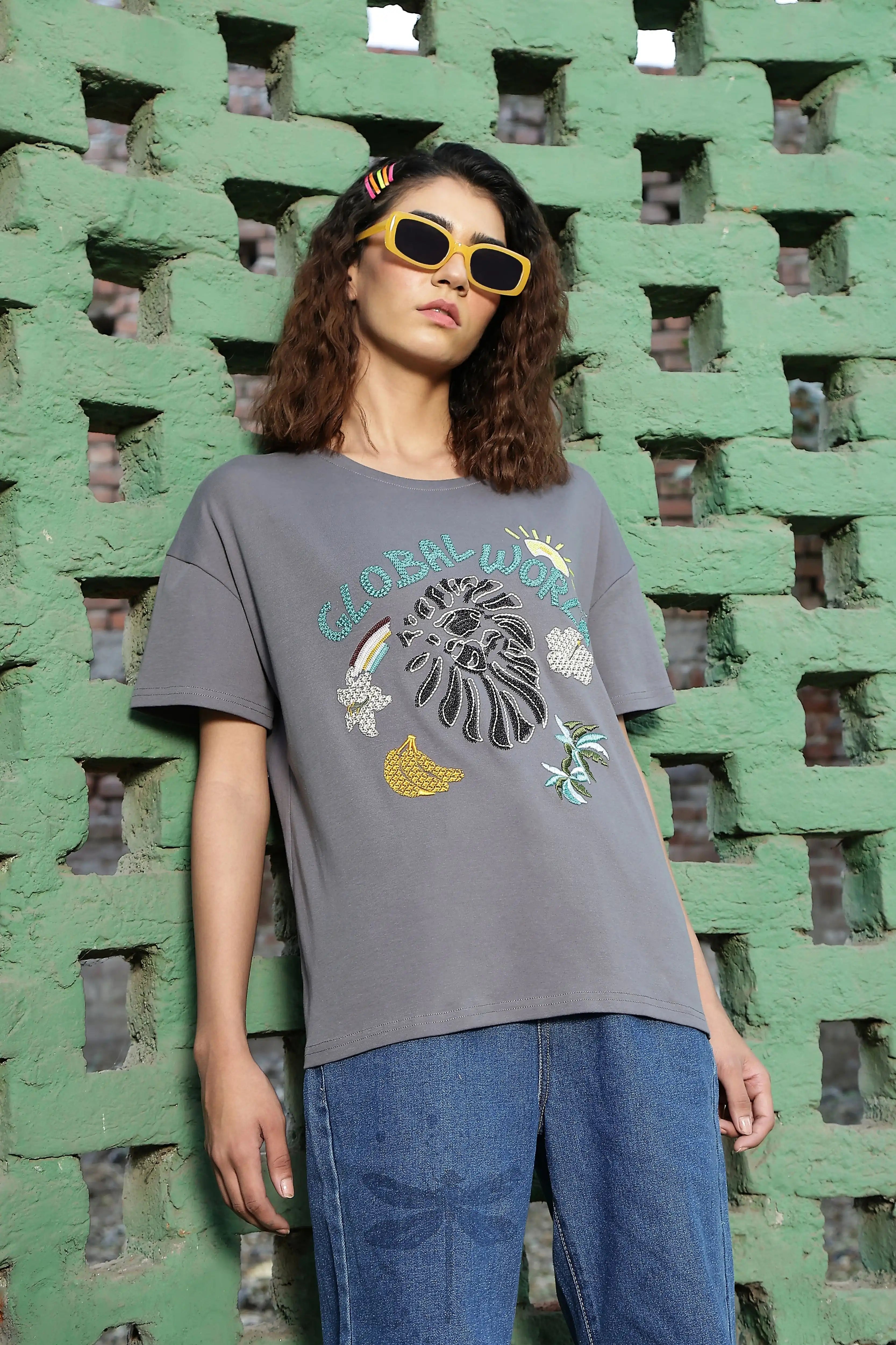 Oversized Embroidered Cotton Top - Global Republic