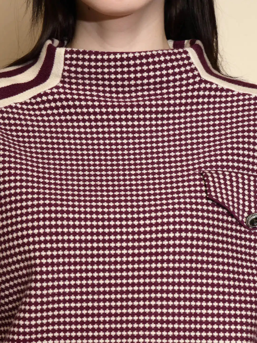 Rose Purple Check Full Sleeve Turtle Neck Pullover Sweater