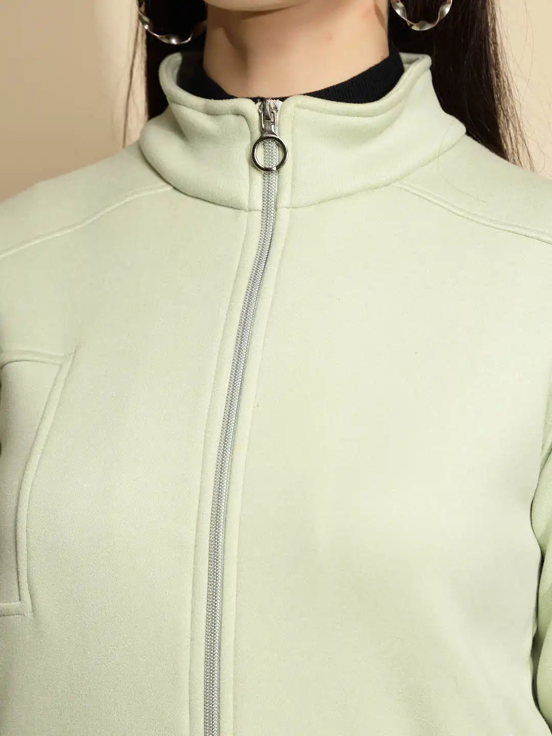 Green Solid Full Sleeve Turtle Neck Fleece Sweatshirt - Global Republic