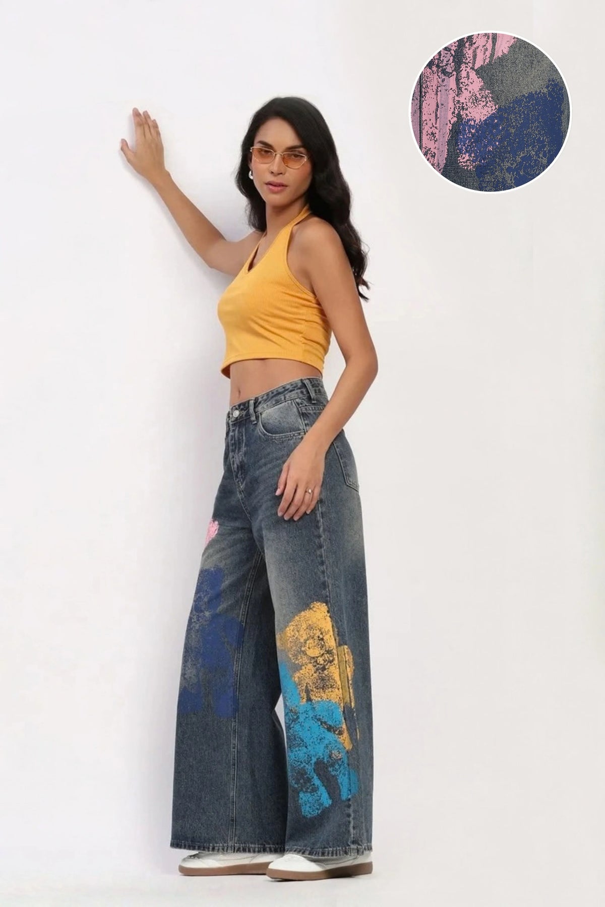 Blue Graphic Wide-Leg Jeans