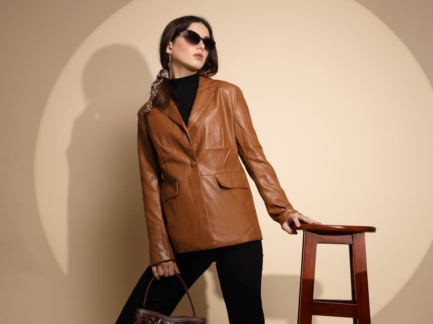 Women Brown Solid Collared Neck Full Sleeve Leather Coat