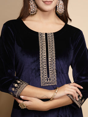 Navy Blue Embellished Full Sleeve Round Neck Velvet Kurta For Women