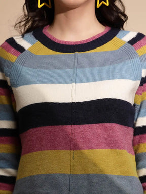Multicolor Striped Full Sleeve Knitted Casual Pullover